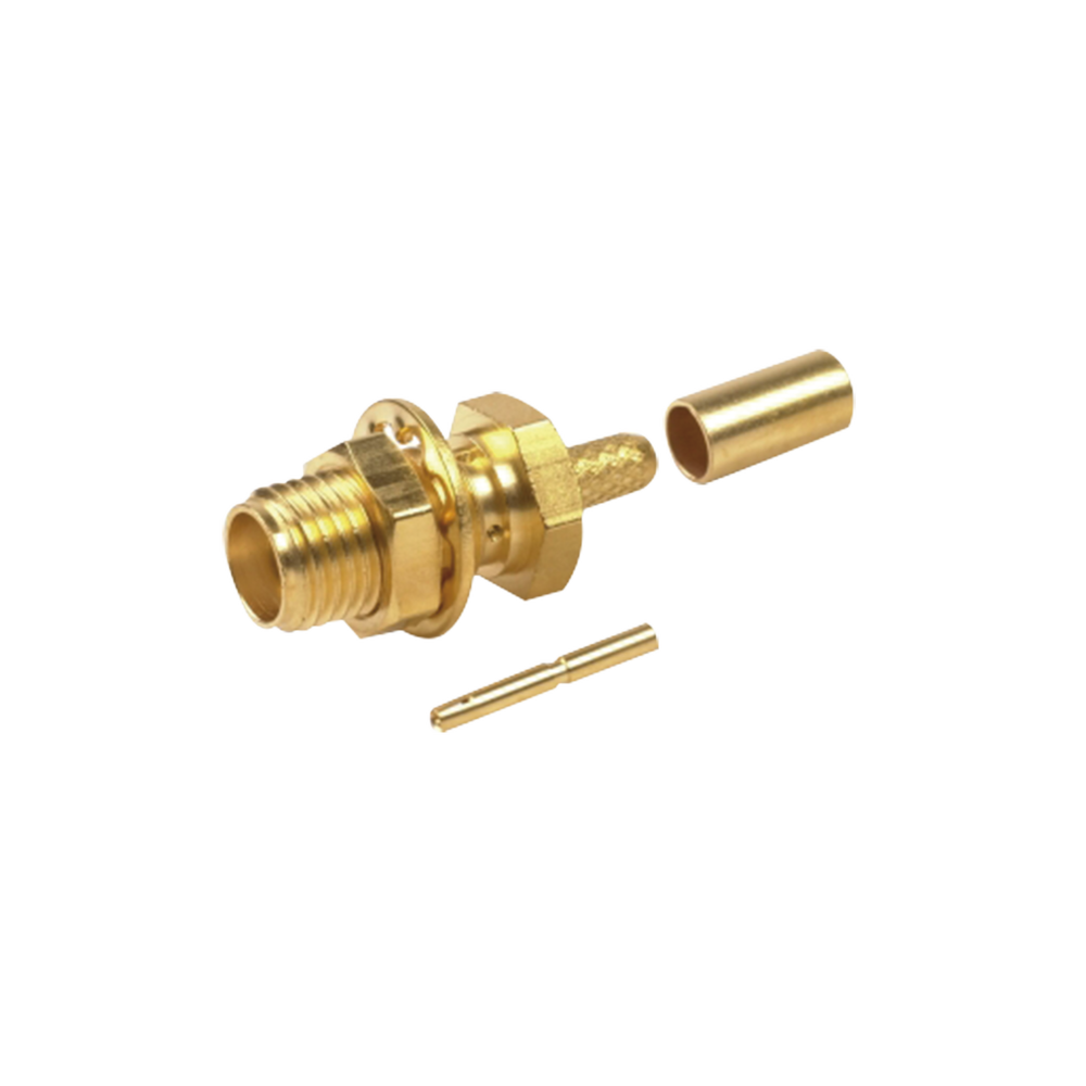 Conector SMA Hembra para Chasis en D Plano, Anillo Plegable para cable RG174/U, Oro/ Oro/ Teflón.