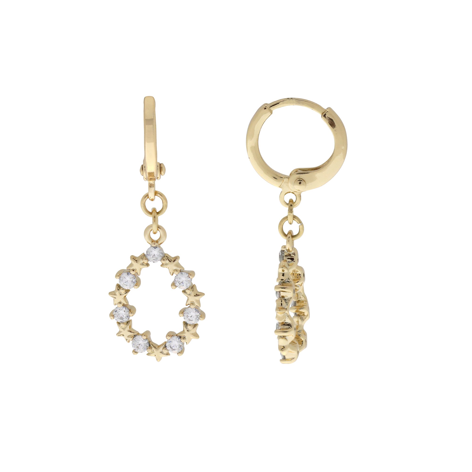 Arete con zirconia blanca en forma de circulo con pequeñas estrellas al rededor