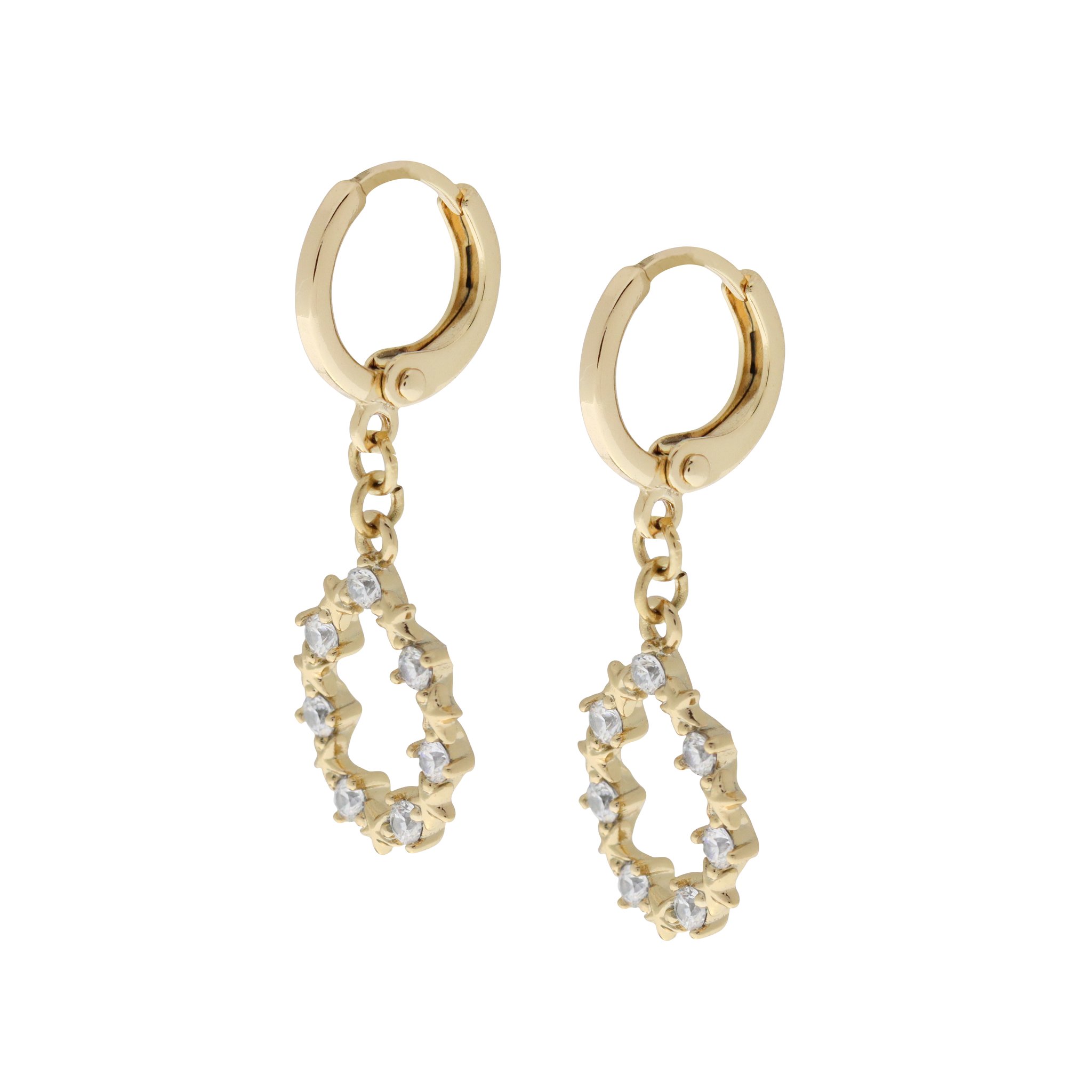Arete con zirconia blanca en forma de circulo con pequeñas estrellas al rededor
