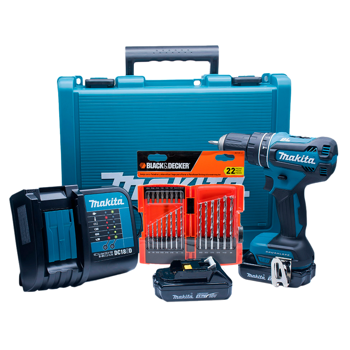 Rotomartillo de  1/2 Dhp485sye Makita Brusless Incluye 2 baterías de 1.5 ah 18v y 1 cargador+ESTUCHE CON 22 pz de BROCAS Y PUNTAS B&D