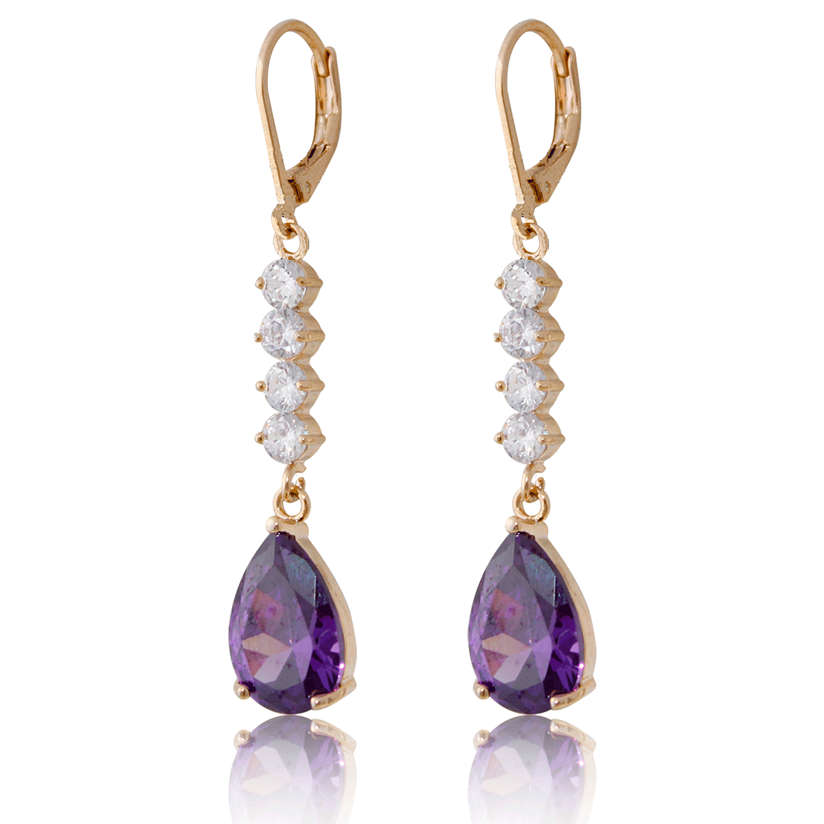 Arete Oro 18K Laminado #142 con piedras blancas y morada en forma de gota con dimensiones 3.5 cm y ancho 0.8 mm.