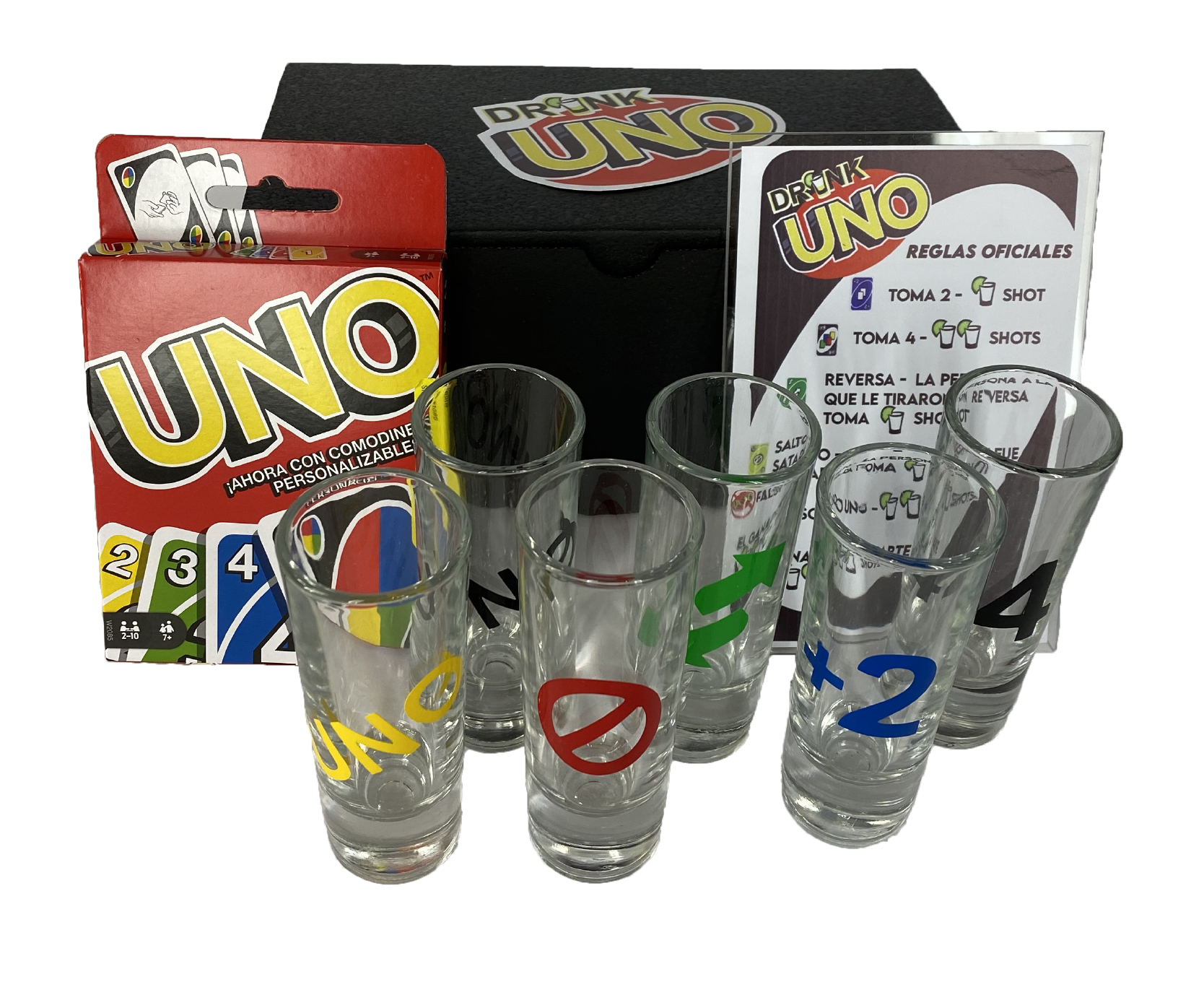 Juego de Cartas UNO Drink + 4 Vasos para Shot