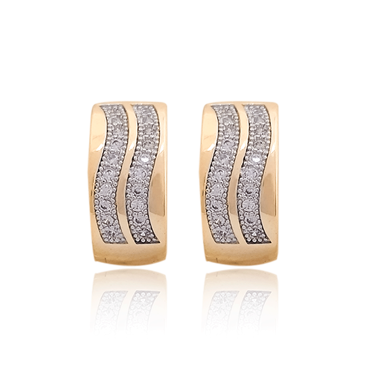 Arracadas Oro 18k Laminado #320 Líneas Ondas con Piedras Altura 1 cm, Ancho 1 cm