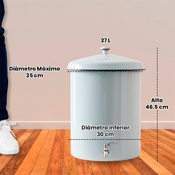 Ecofiltro Purificador Dispensador y Filtro de Agua Peltre Grande (27 L) Llave de Acero Blanco