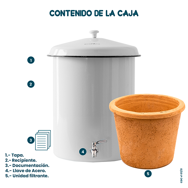 Ecofiltro Purificador Dispensador y Filtro de Agua Peltre Grande (27 L) Llave de Acero Blanco