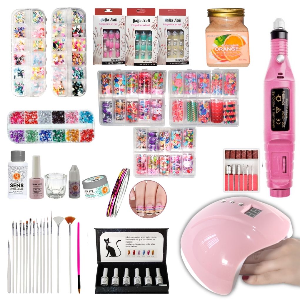 190 Piezas Decoracion De Uñas Kit de Aplicacion De Uñas Acrilicas Y  Gel Lampara LED Esmeril Pulidor MANICURA