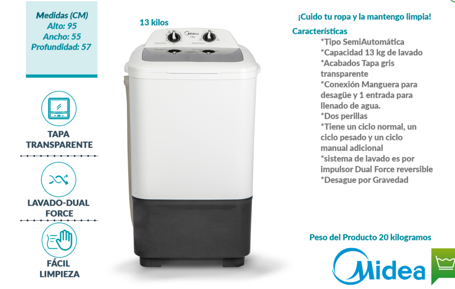 LAVADORA MIDEA MLTS13M2SGDW 13 KG UNA TINA SEMIAUTOMATICA BLANCO ALBY ENTREGA SÓLO VÁLIDA EN LA CIUDAD DE MÉXICO Y ZONA METROPOLITANA
