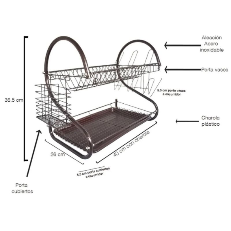 Escurridor Para Trastes De Aleación de Acero Inoxidable 2 Niveles Y Charola Top Choice Color Café