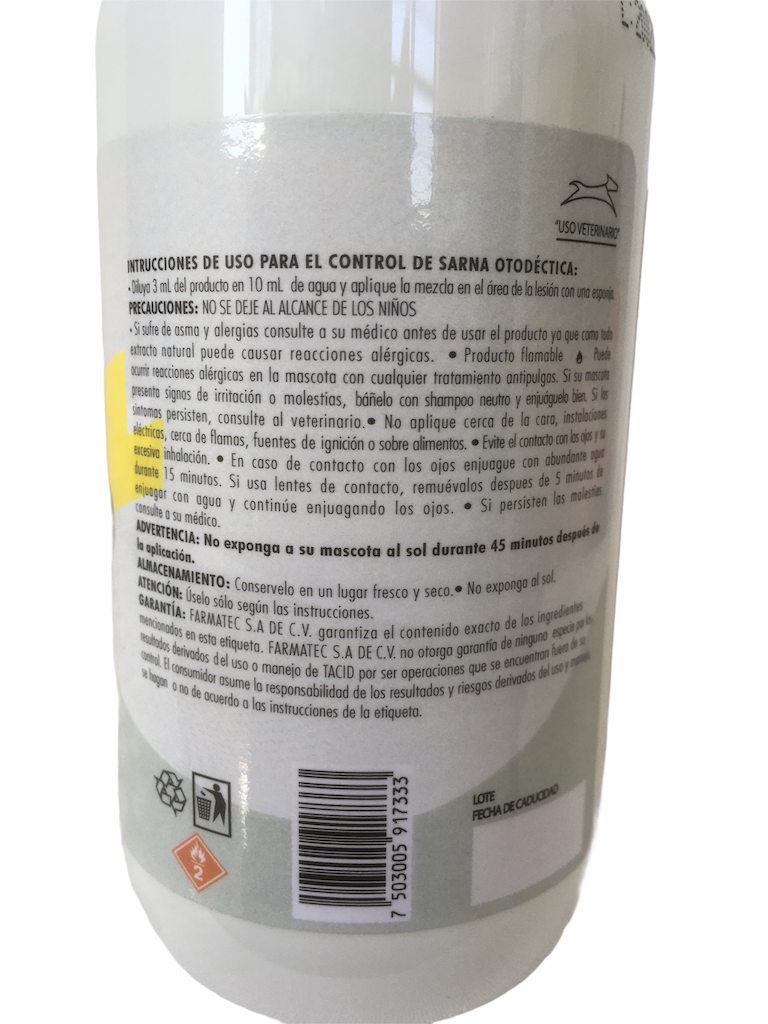 Insecticida Natural para Pulgas, Garrapatas y Sarna TACID 240 ml (Spray)