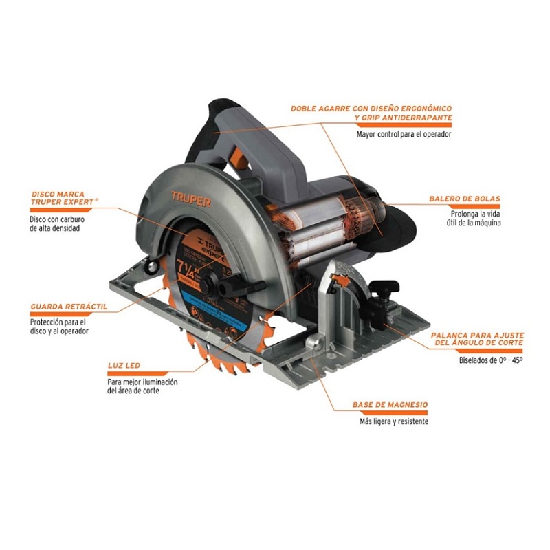 Sierra Circular para Cortar Madera Truper Industrial de uso rudo y Continuo Calidad Premium de 7 1/4 de 1800W SICI-71/4N4