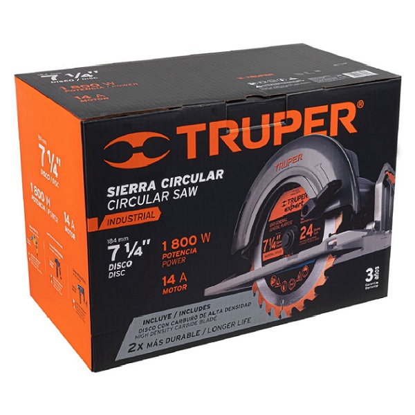 Sierra Circular para Cortar Madera Truper Industrial de uso rudo y Continuo Calidad Premium de 7 1/4 de 1800W SICI-71/4N4