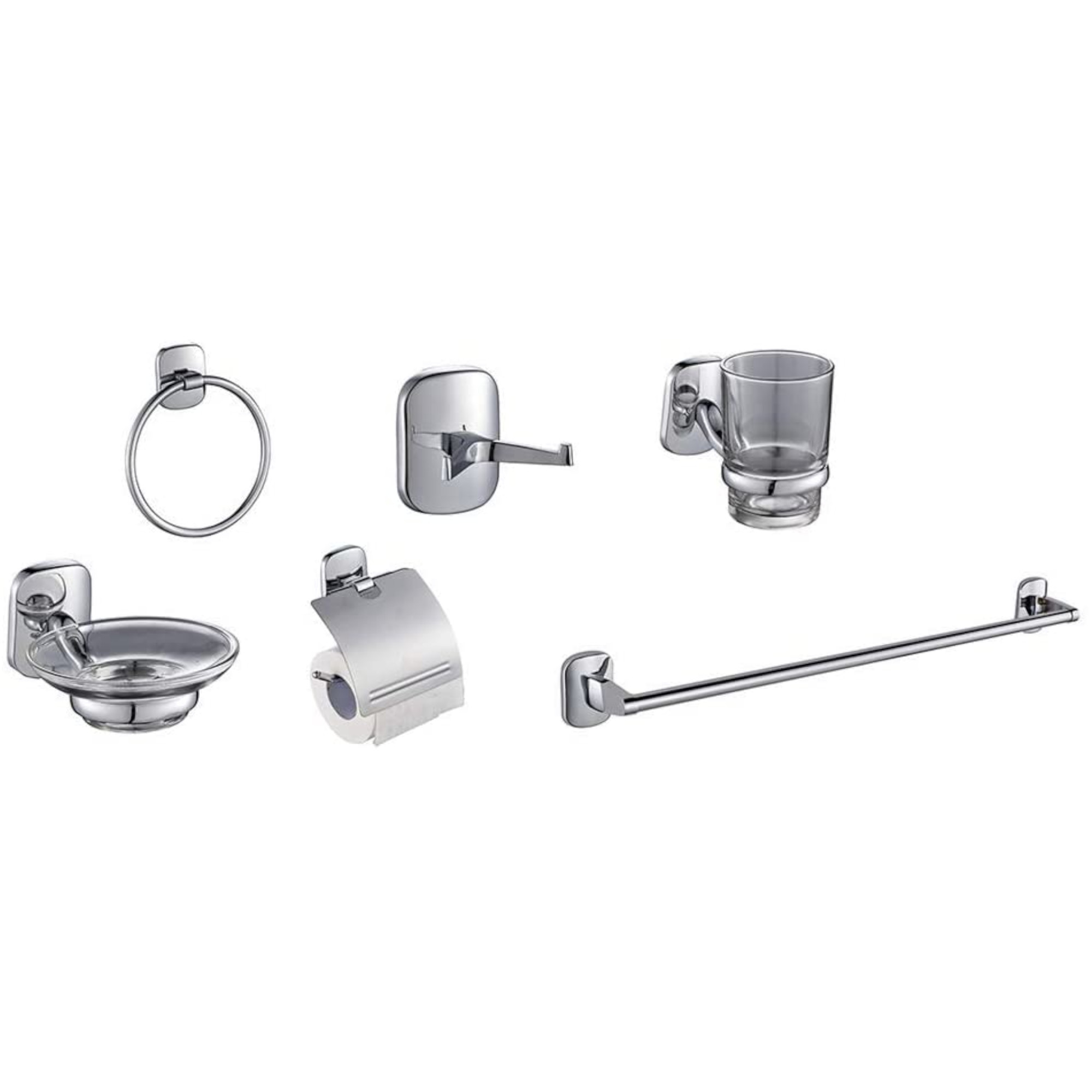 Set de Accesorios para Baño de 6 Piezas en Zinc - Incluye Toallero, Gancho, Jabonera, Portarrollos, Portavasos y Toallero Anillo - Acabado Cromado Elegante, Fácil Instalación.