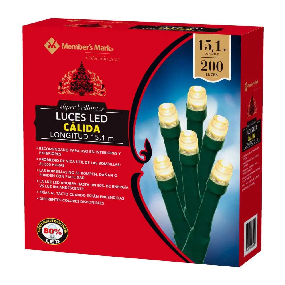 Luces LED Member's Mark con 200 Luces Cálidas Cable Verde
