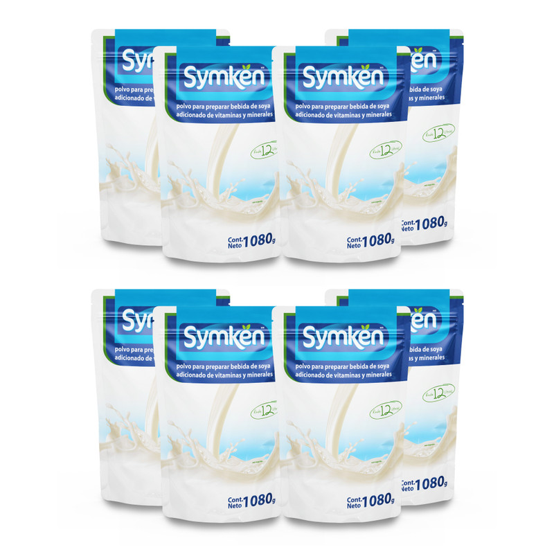 Paquete de 8 piezas Symkën Soya Natural 1,080g | Bebida en polvo | Rinde 12 litros | 100% vegetal | Alta en proteínas | Sin gluten, sin lactosa, sin colesterol