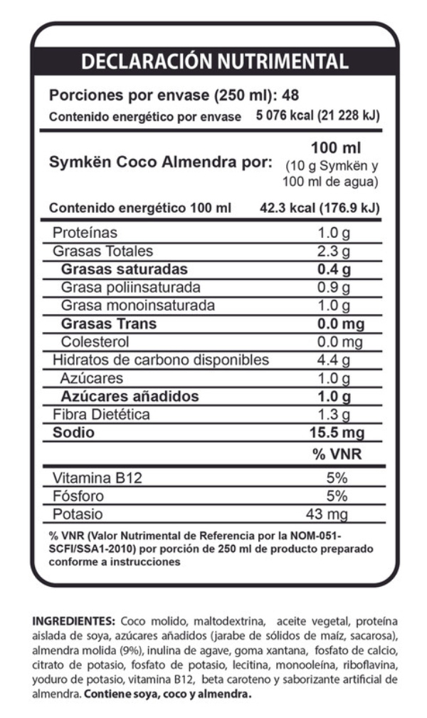 Paquete de 4 piezas Symkën Coco y Almendra 1,200g | Bebida en polvo | 100% vegetal | Rinde 12 litros | Alta en proteínas | Sin gluten, sin lactosa, sin colesterol