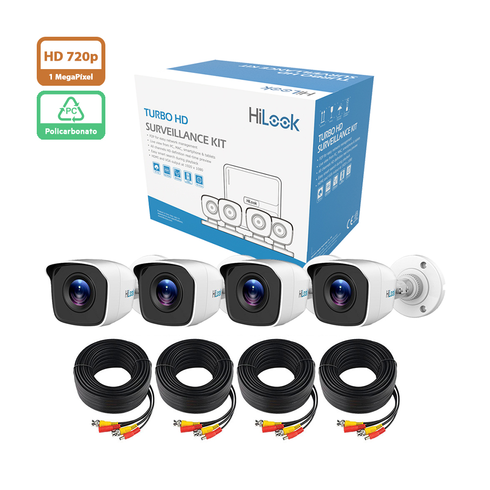 Kit de 4 Cámaras de seguridad Hilook 720p HD Bala color Blanco Policarbonato KIT7204BP