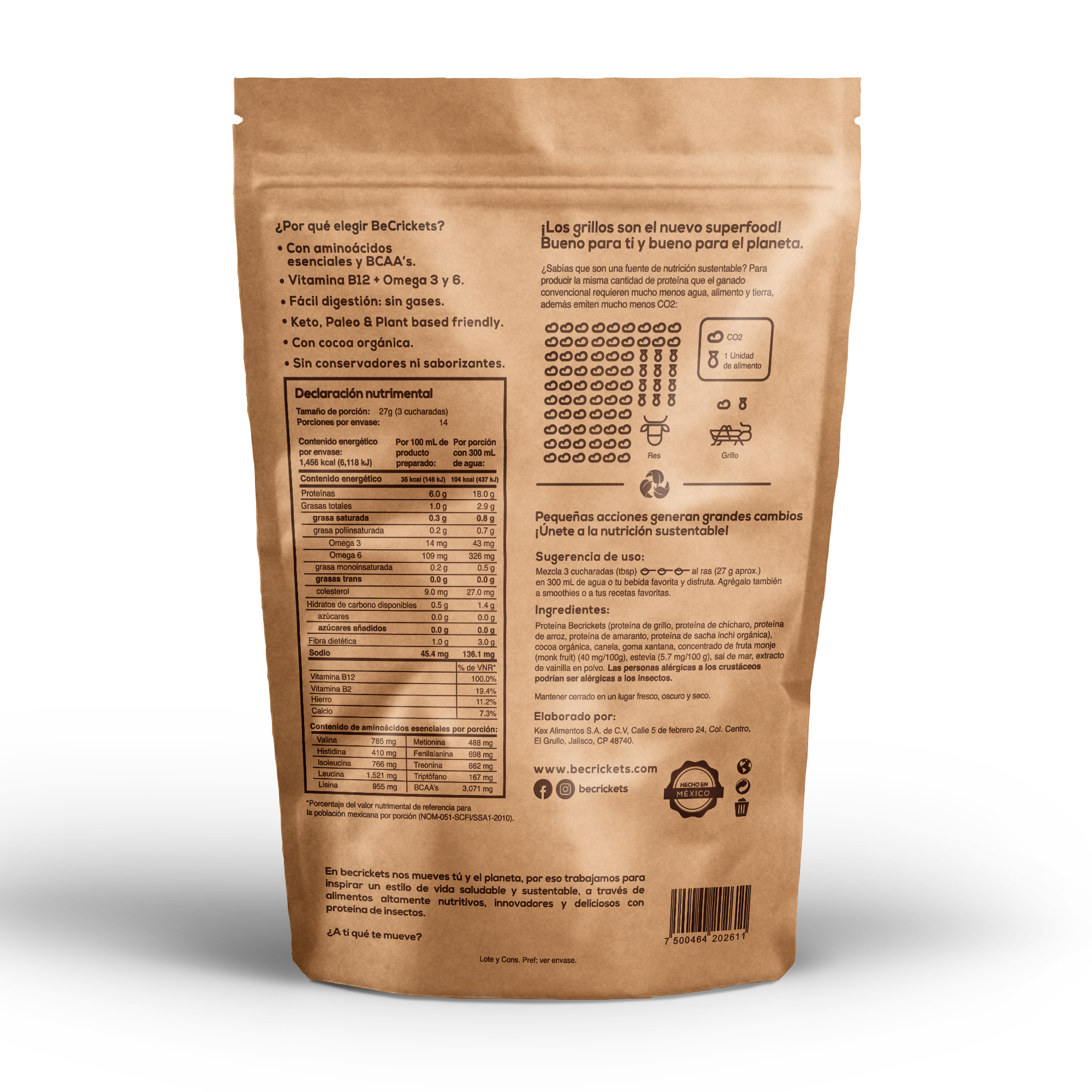 BeCrickets | Hecho en México | Proteína de Grillo + Vegetal | Sabor Chocolate Mexicano | 18 g de Proteína | Alternativa Proteína Vegana | 14 porciones | 378 g