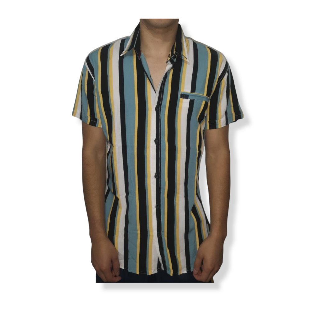 CAMISA RAYAS VERDE Y MOSTAZA MANGA CORTA SLIM FIT PARA HOMBRE