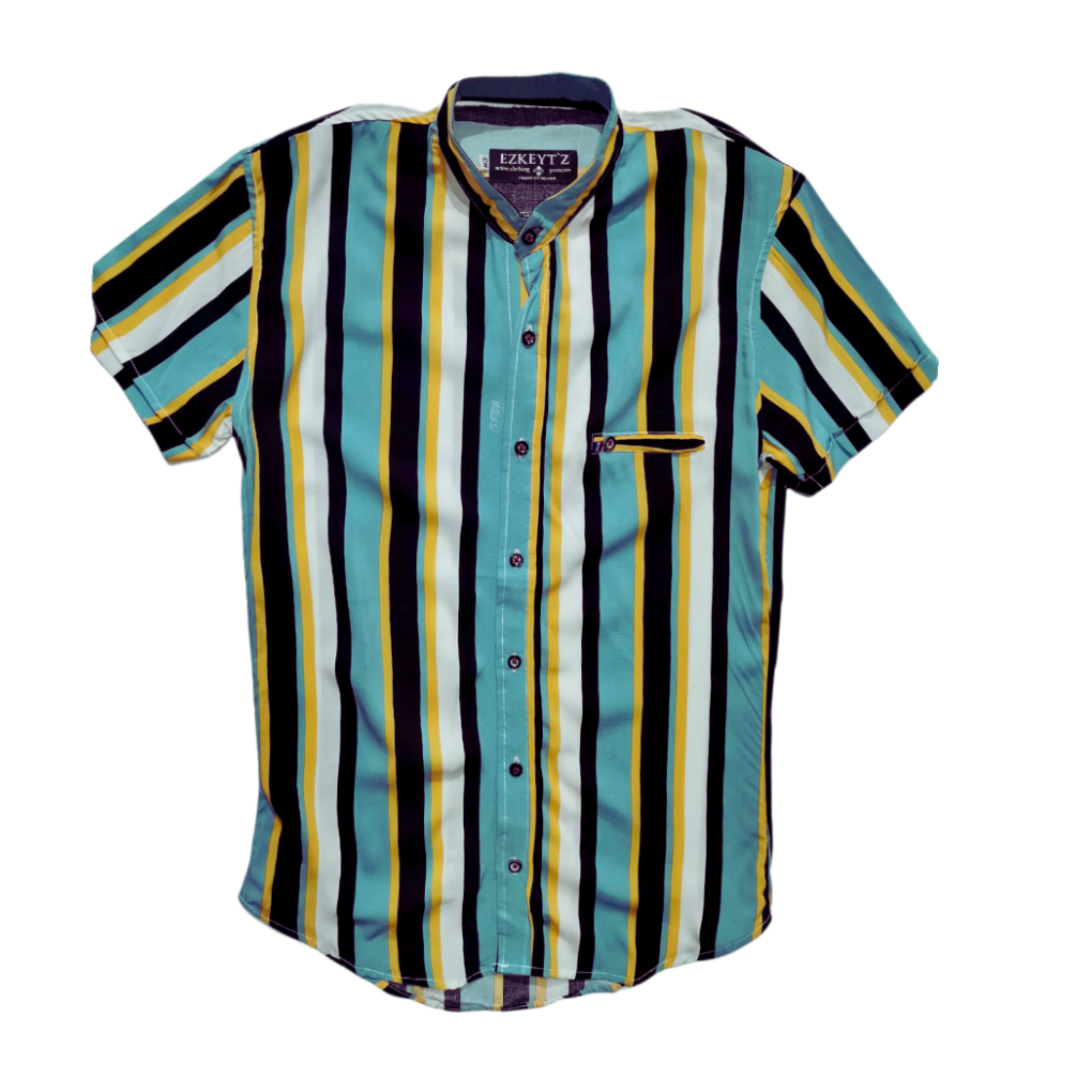 CAMISA RAYAS VERDE Y MOSTAZA MANGA CORTA SLIM FIT PARA HOMBRE