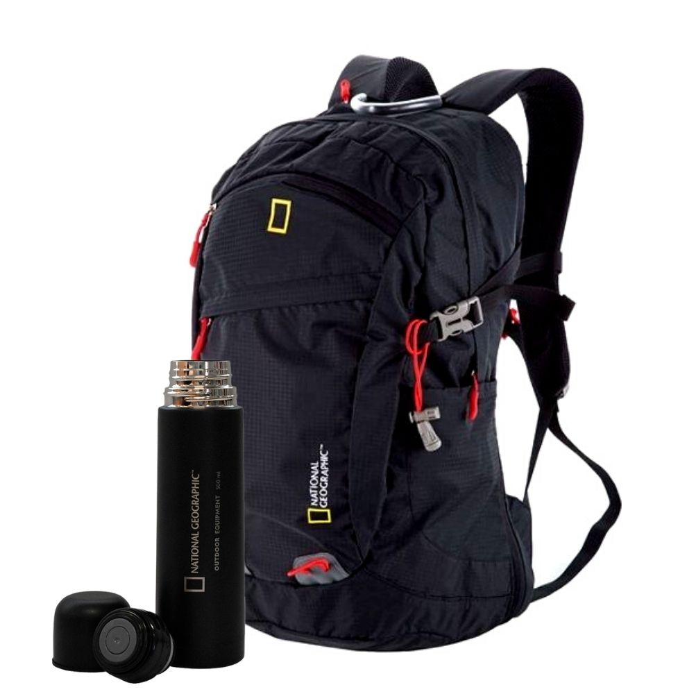 Mochila de excursión de 32 litros negro con rojo y termo de 500ml negro National Geographic MT-01