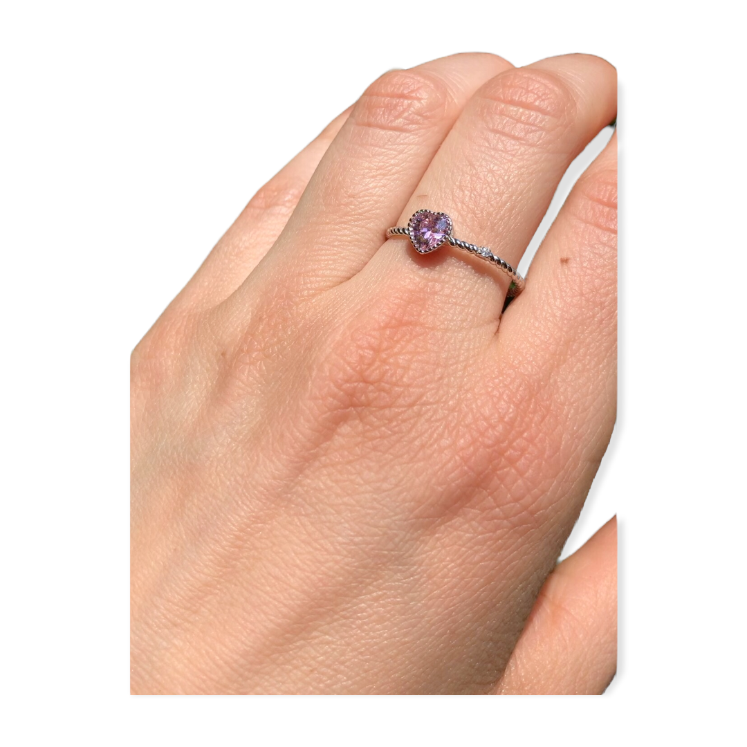 Anillo Promesa Corazón Rosa Delgado Zirconias Cúbicas Plata 925
