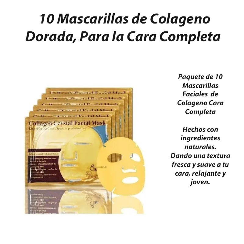 Mascarilla Colágeno Cara Completa Dorada Revitalizante Anti Envejecimiento Spa 10 piezas Mayoreo 