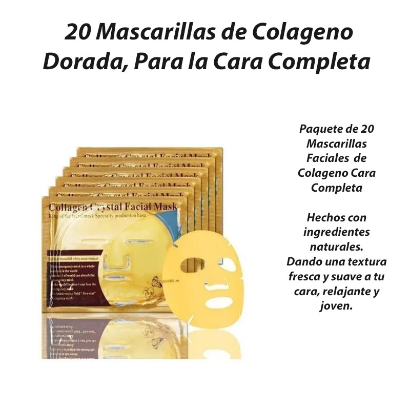 Mascarilla Colágeno Cara Completa Dorada Revitalizante Anti Envejecimiento Spa 20 piezas Mayoreo