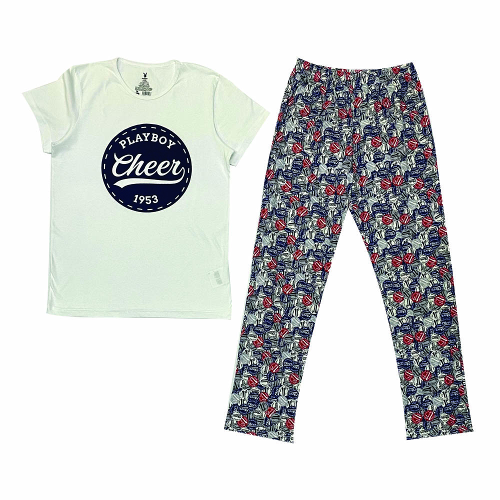 Pijama Playboy Set Pantalón Full Print +Playera Estampada (Blanca)