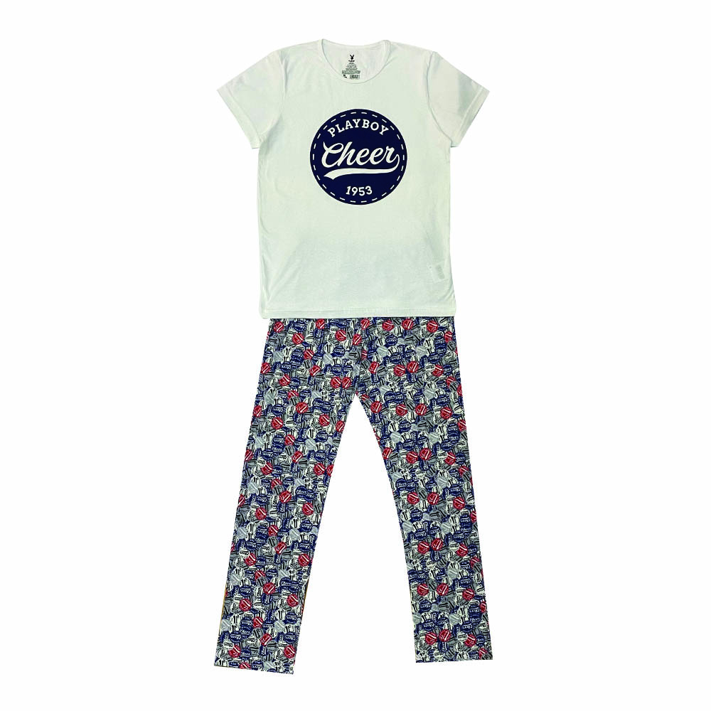 Pijama Playboy Set Pantalón Full Print +Playera Estampada (Blanca)