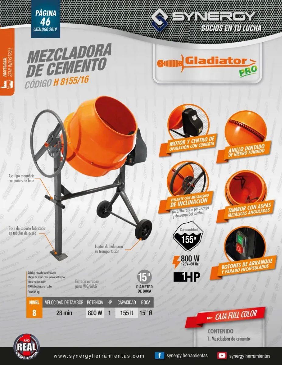 GLA-H81555/16 Revolvedora De Cemento 1/3 Saco Gladiador Eléctrica