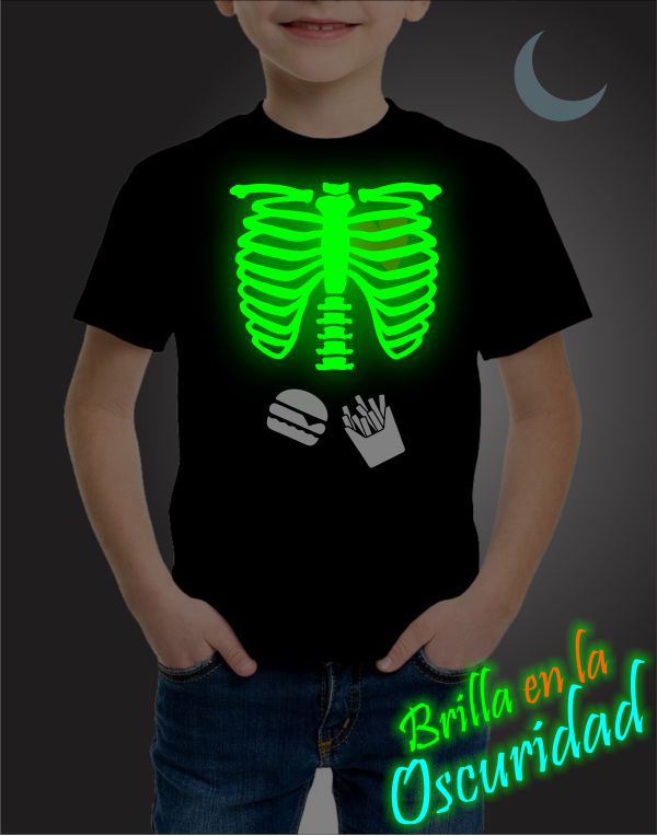 Playera para niños de esqueleto, Halloween, Brilla en la
