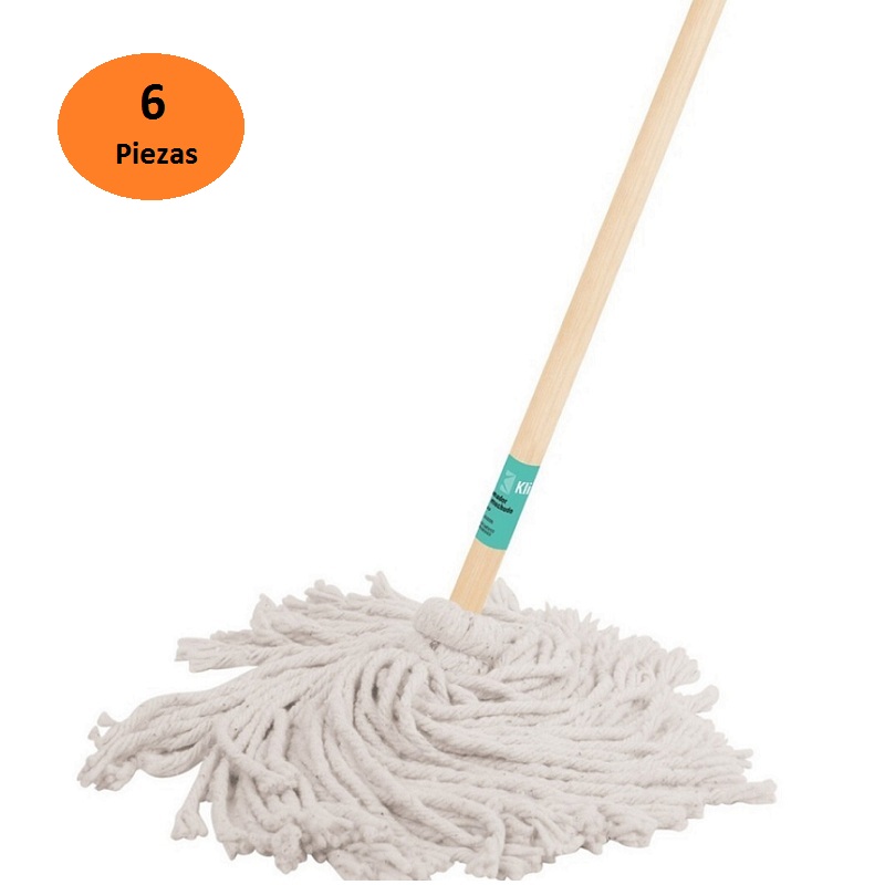 Paquete Kit de 6 Trapeadores Tipo Mechudo de algodón con bastón de madera para Limpieza en general Gran Absorción retención de líquidos