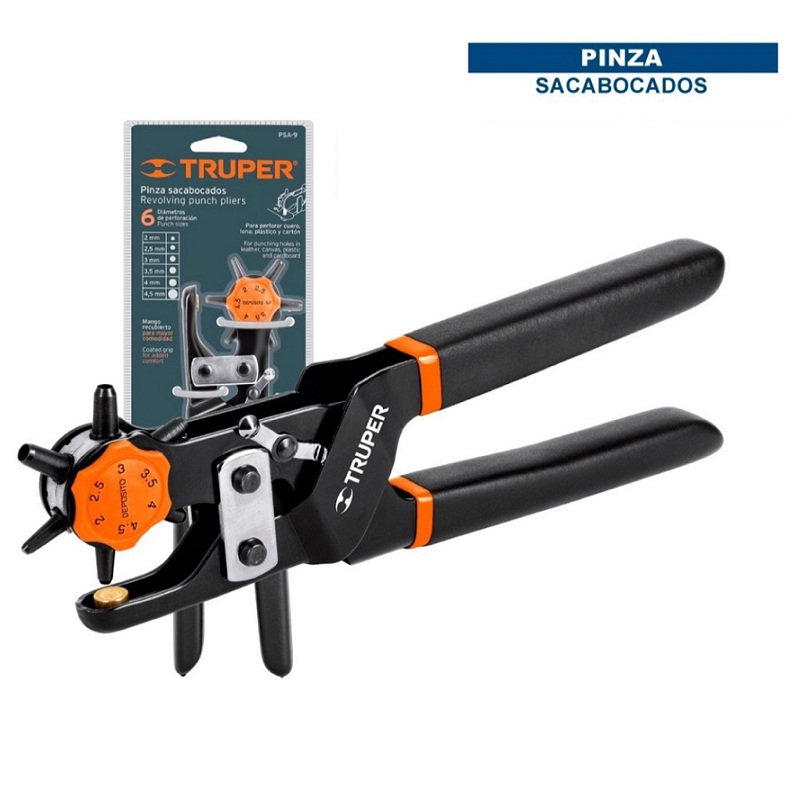 Perforadora -Pinza Sacabocados 9" (23 cm) ,para perforaciones en cuero,lona ,plástico y cartón PSA-9 TRUPER 