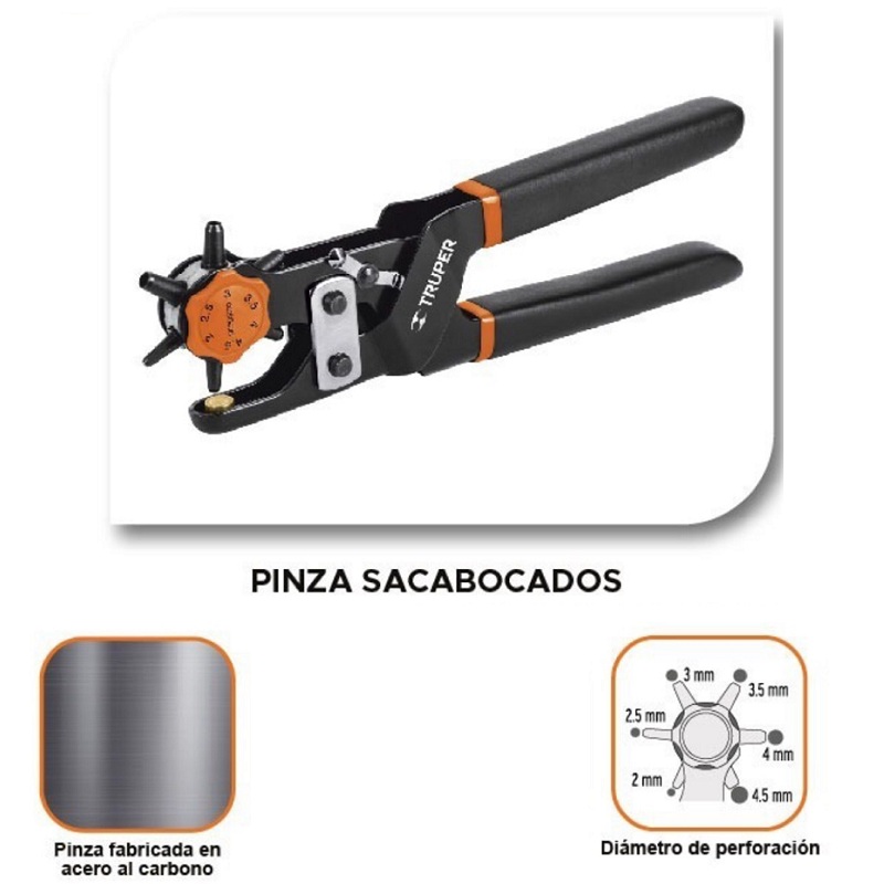 Perforadora -Pinza Sacabocados 9" (23 cm) ,para perforaciones en cuero,lona ,plástico y cartón PSA-9 TRUPER 