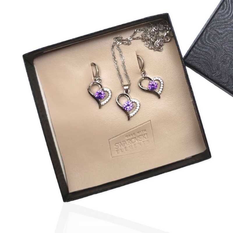 Juego Aretes con Colgante SELECT CRISTALES CORAZONES morado