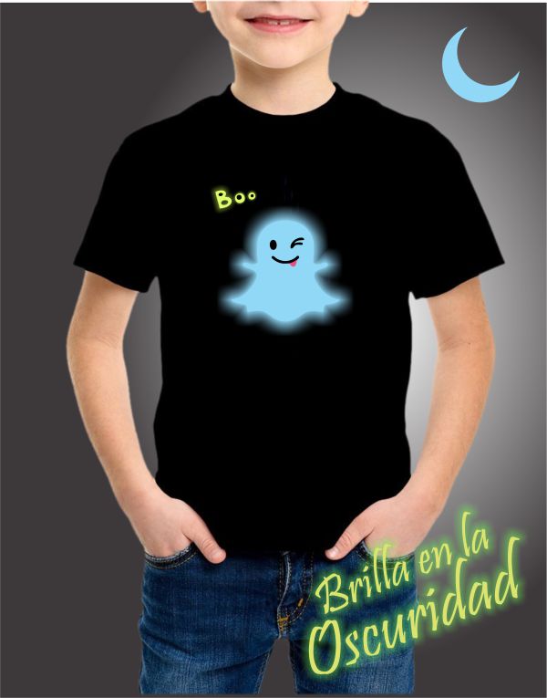 Playera para niños fantasmita Boo Brilla en la oscurdiad