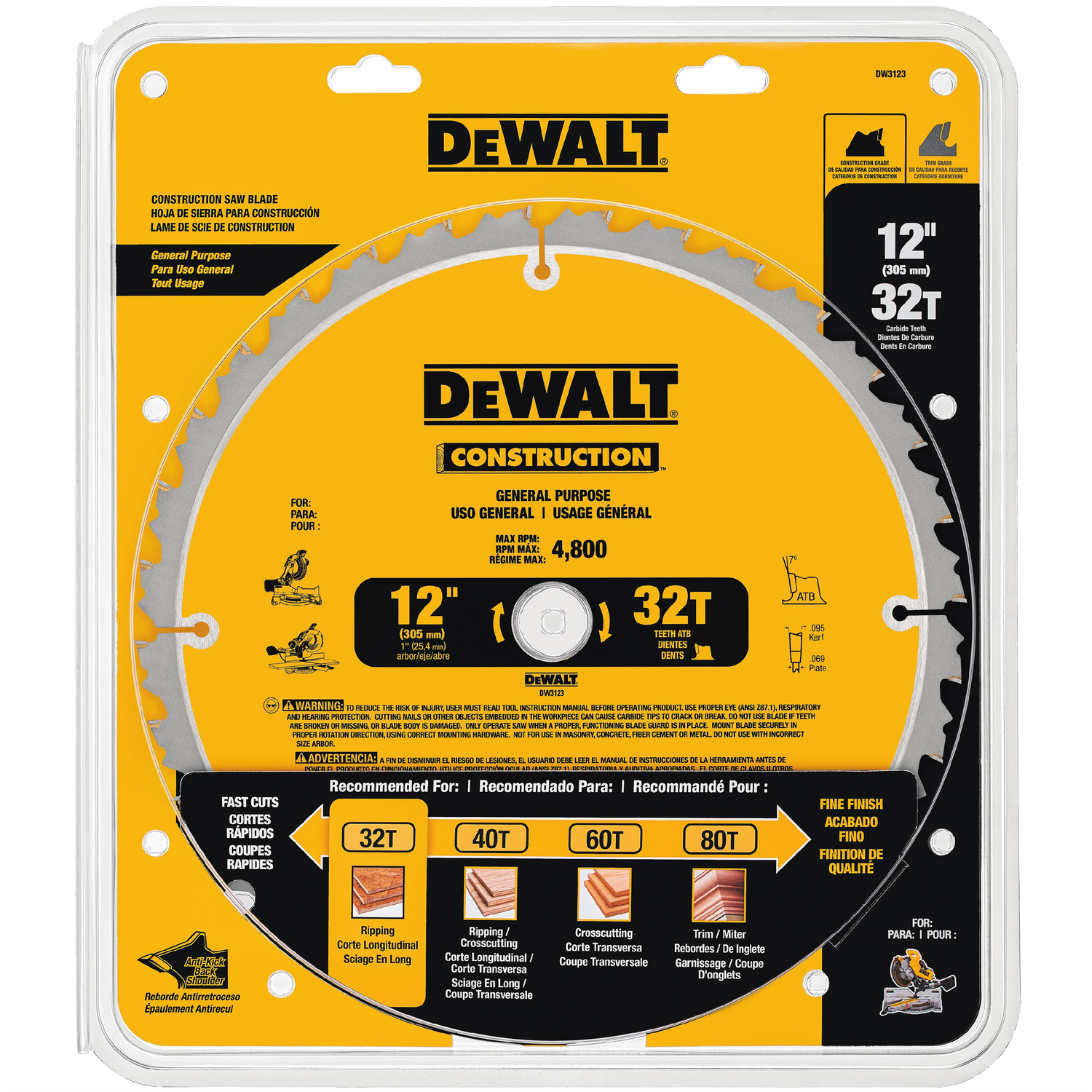 Disco De Sierra P/Madera 12" X 32 Dientes Dewalt Dw3123