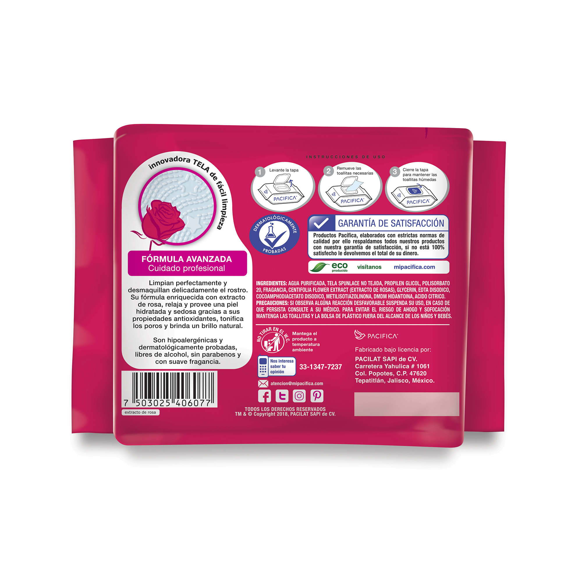 Toallitas Húmedas Desmaquillantes Pacifica Extracto de Rosas 25 Toallitas