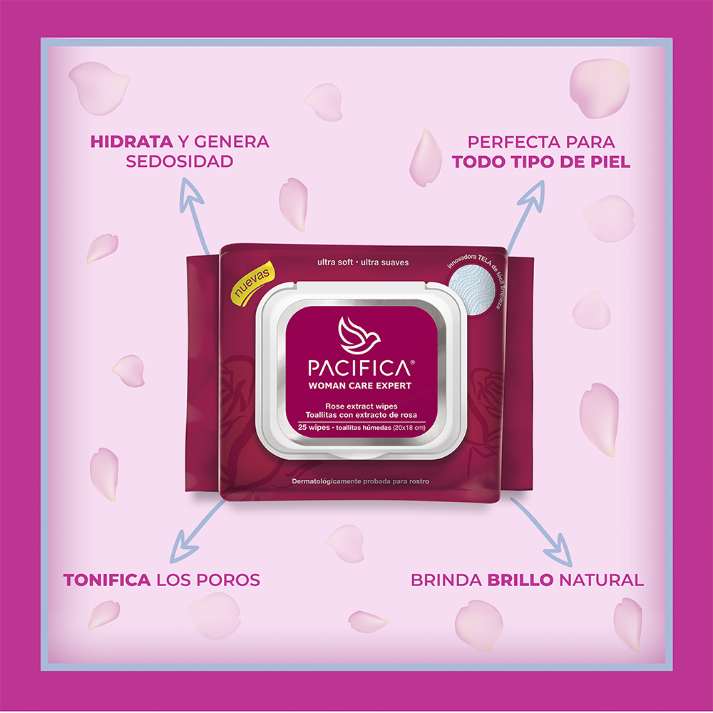 Toallitas Húmedas Desmaquillantes Pacifica Extracto de Rosas 25 Toallitas