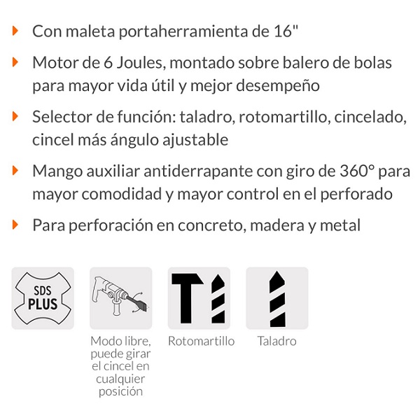 Rotomartillo-Taladro Industrial SDS Plus, 6 Joules, 1600 W para concreto-madera y metal  ROEL-60N TRUPER 