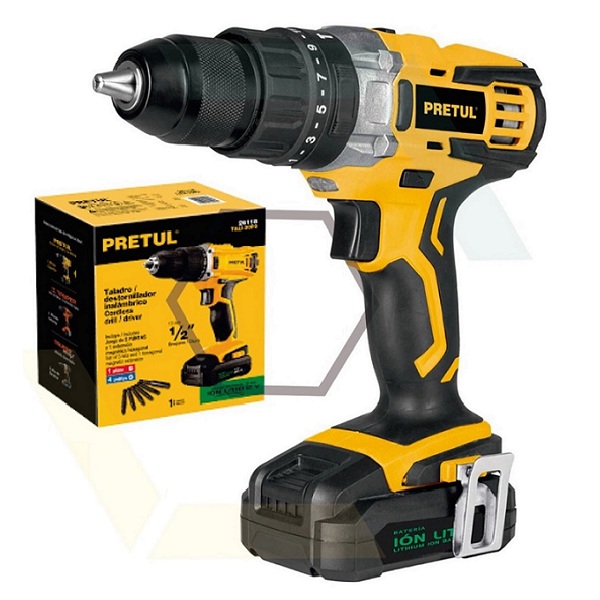 Taladro inalámbrico 1/2" 20 V,  incluye accesorios batería recargable-Portatil-ligero facil de usar-20P2 PRETUL