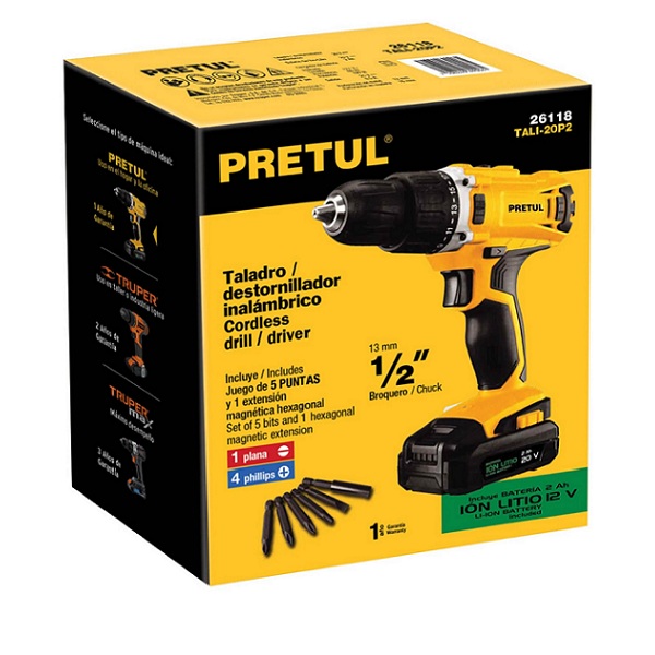 Taladro inalámbrico 1/2" 20 V,  incluye accesorios batería recargable-Portatil-ligero facil de usar-20P2 PRETUL