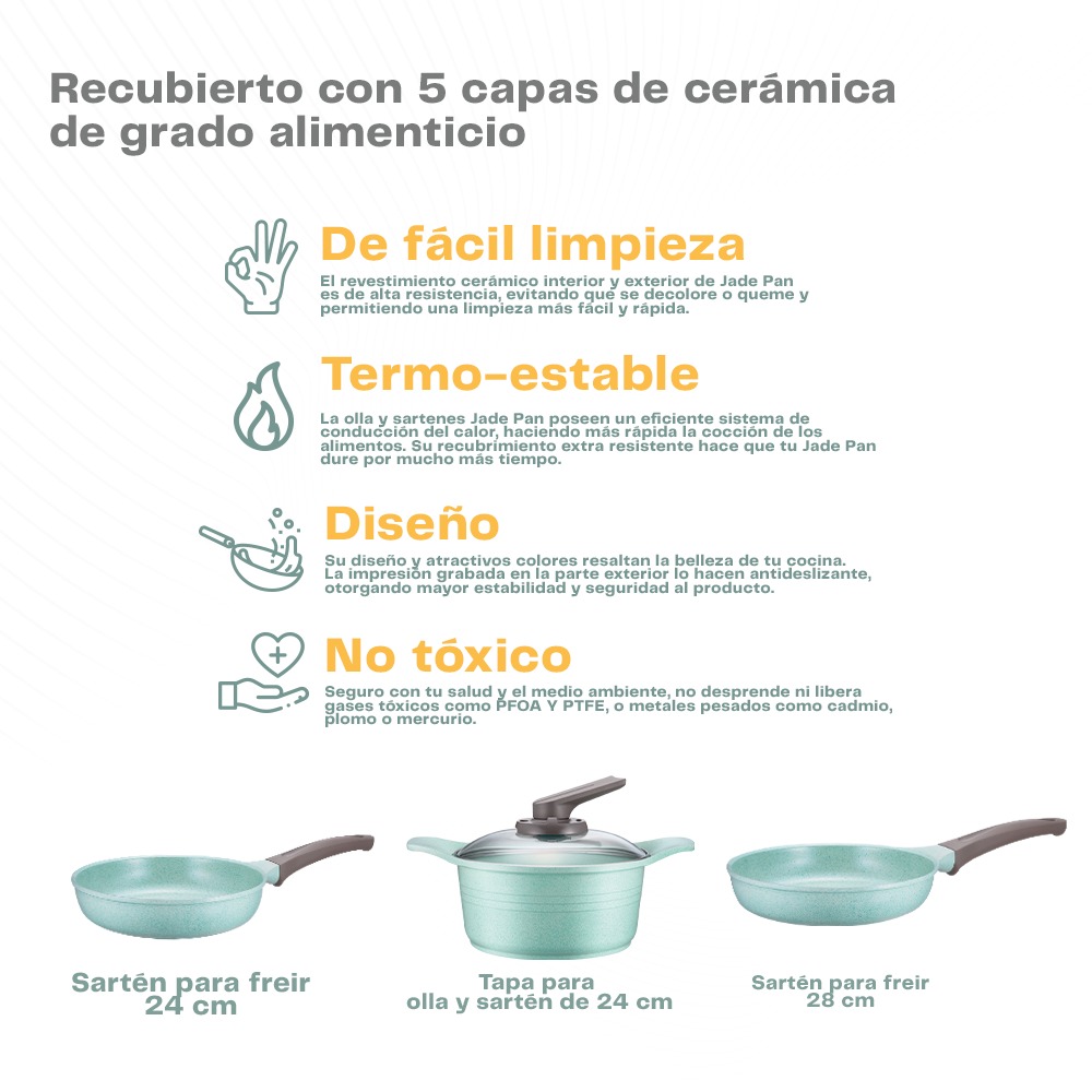 JADE PAN JUEGO DE 3 SARTENES DE LUJO CON JADE ANTIADHERENTE  TIPO COOK 