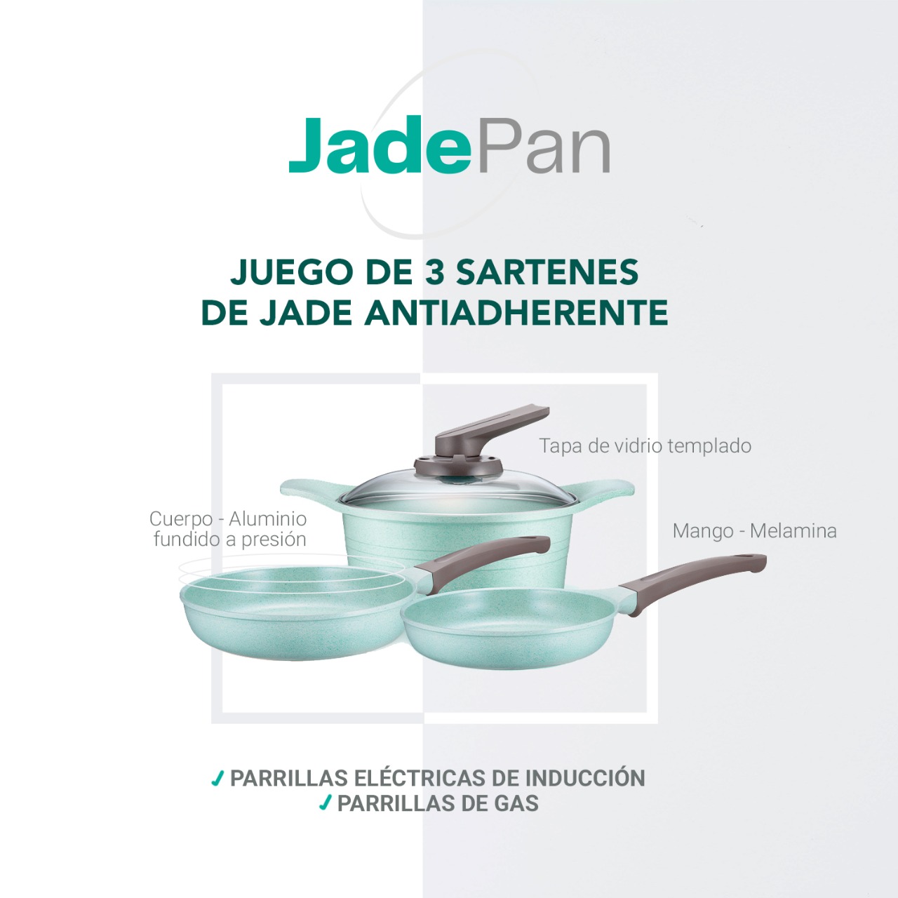 JADE PAN JUEGO DE 3 SARTENES DE LUJO CON JADE ANTIADHERENTE  TIPO COOK 