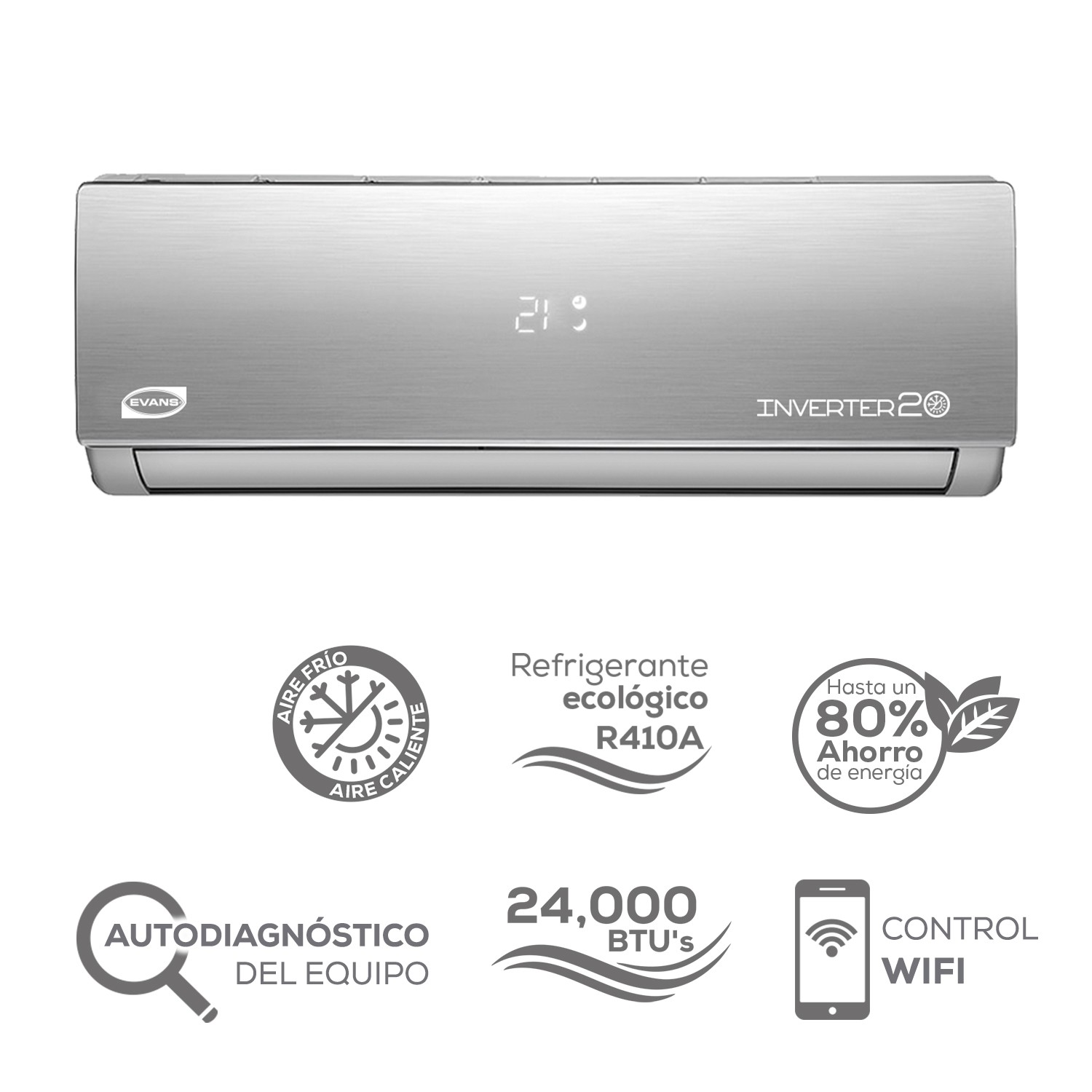 Aire acondicionado Minisplit Inverter Evans frio/calor 2Ton. (24,000 BTU) con control wifi