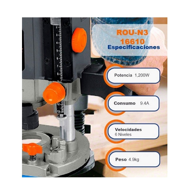 Router industrial  Rebajadora 1-3/4 HP, Velocidad variable con 6 niveles-desbaste preciso ROU-N3 TRUPER