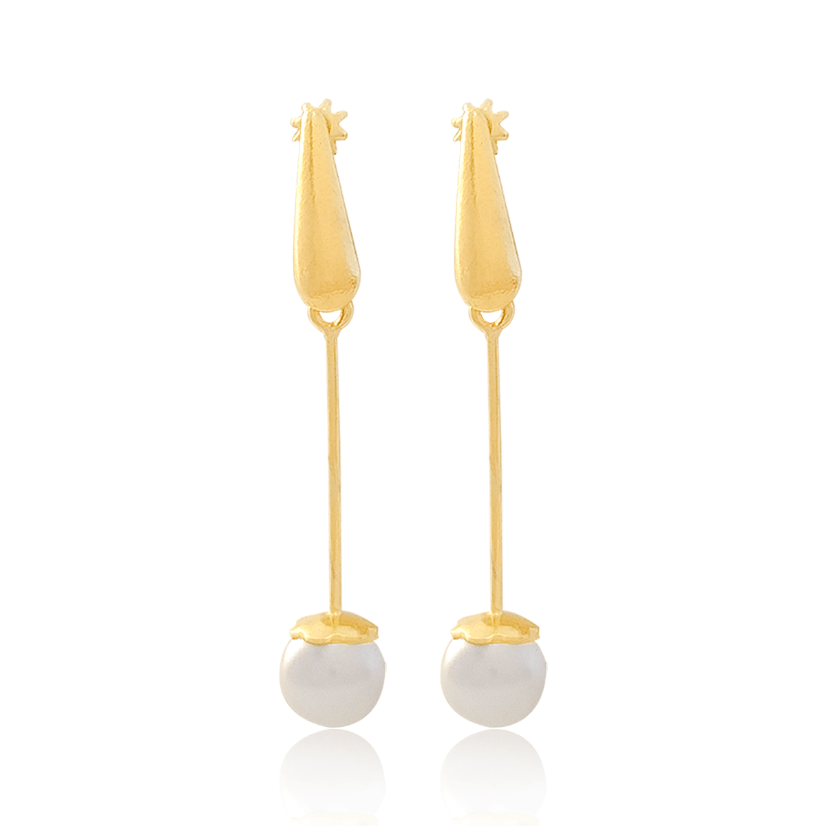 Aretes broquel en oro 18k laminado #937 306-381 tipo largo con una perla colgando con medidas de 0.4 mm perla , 2 cm de alto y 1 cm de profundidad.