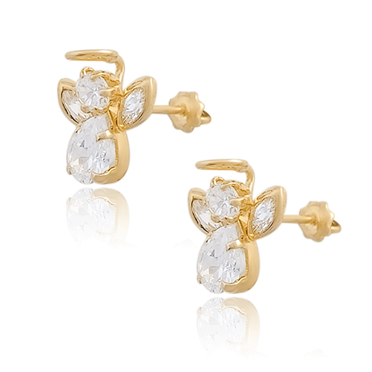 Aretes broquel en oro 18k laminado #913 en forma de angelitos con medidas de 0.8 de ancho , 1.1 cm de alto y 1 cm de profundidad.