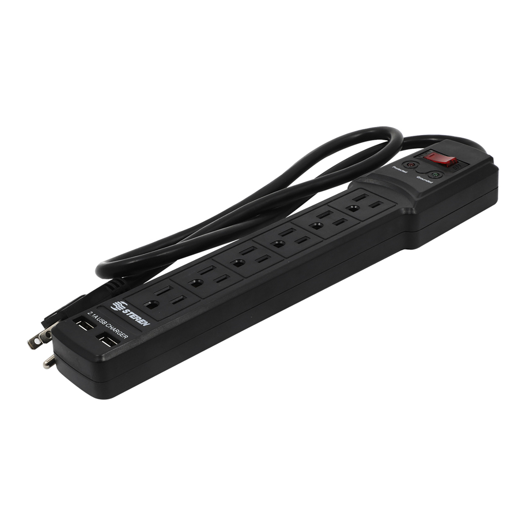 Barra Multicontacto de 6 Entradas Verticales y 2 Puertos de Carga USB Steren 905-3005