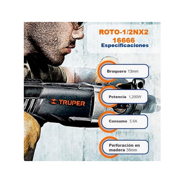 Rotomartillo-Taladro 1/2", industrial, 1200 W perforación en concreto, madera y metal ROTO-1/2NX2 TRUPER